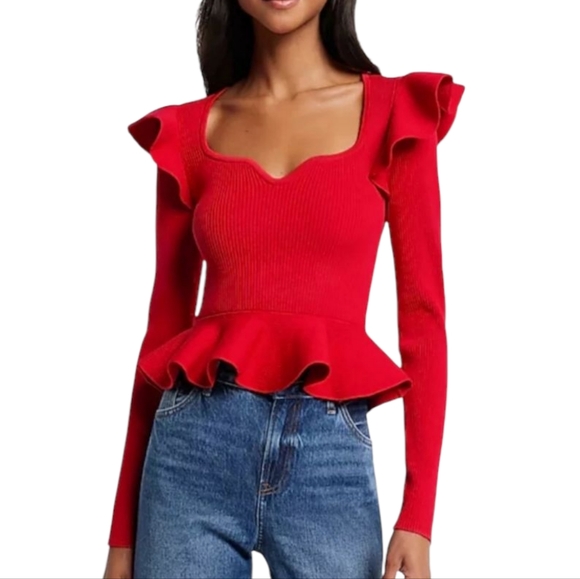 Express Women's Size Medium Top Red Ruffle Peplum Sweater Sweetheart Neckline - Picture 1 of 16